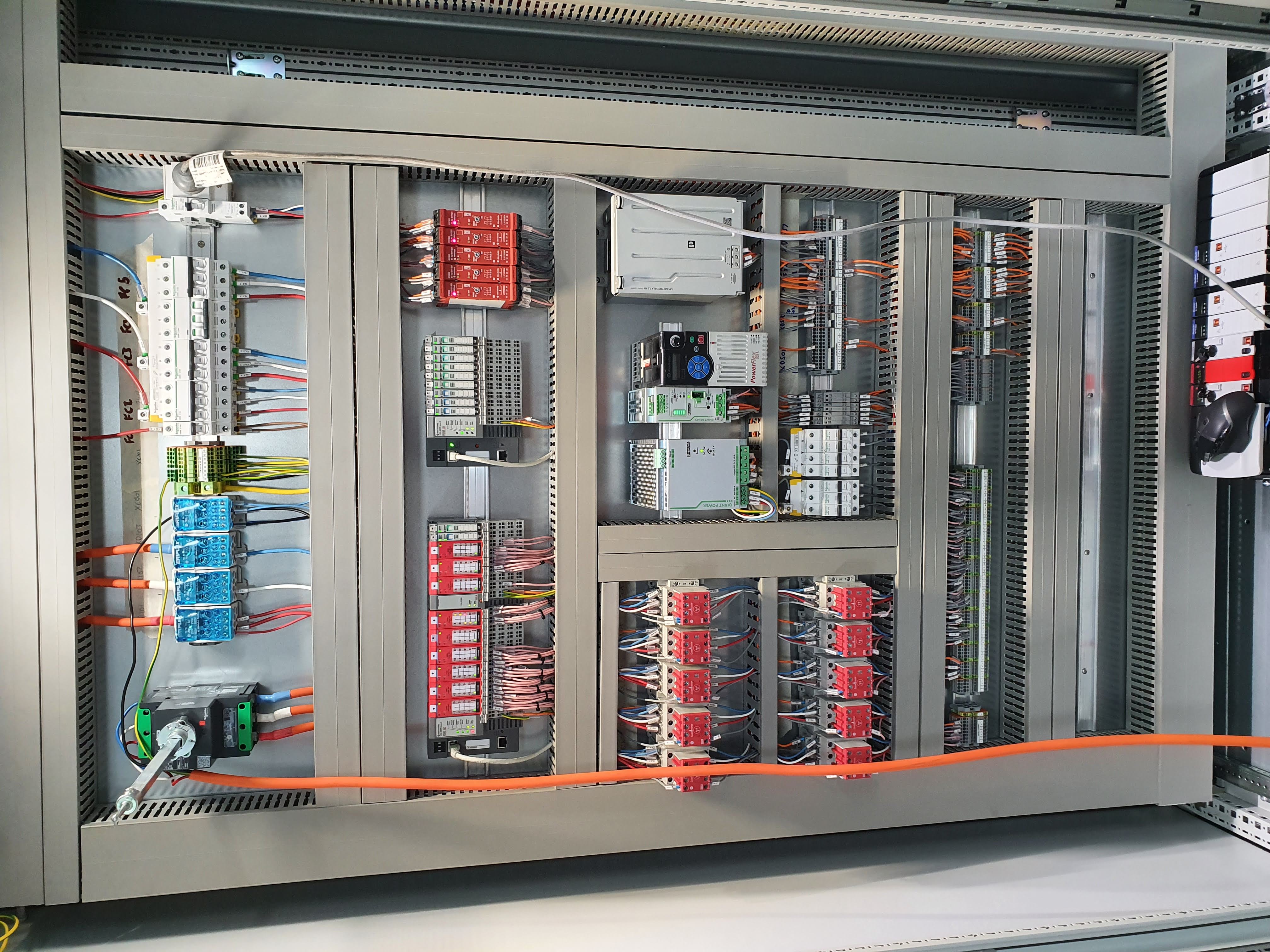 Control panel internal layout — safety relays, IO modules and PowerFlex drive